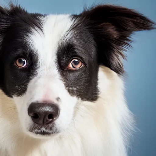 Prompt: wide angle close up photo of a border collie. Studio lighting. White background.