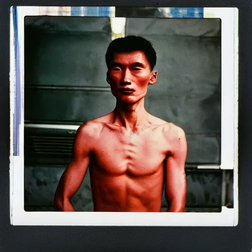 Image similar to a mongolian cyborg at a gas station, 9 0 s polaroid, by jamel shabbaz, robert mapplethorpe, davide sorrenti