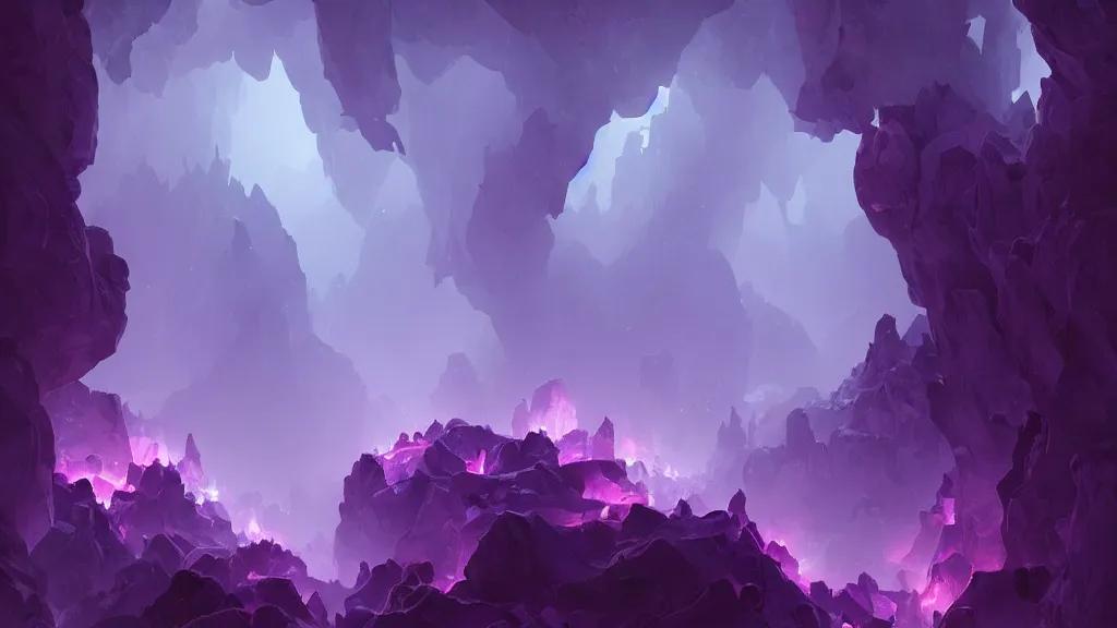 Image similar to a dark cave illuminated by large glowing violet crystal shards and veins, glowing!, foggy, by sylvain sarrailh, rossdraws, ambient light, ultra detailed, fantasy artwork, 8 k, volumetric lighting, trending on artstation, award winning, beautiful scenery, very very very very very very very beautiful.