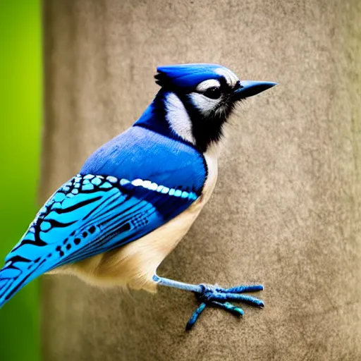 Image similar to 4 k photograph of a blue jay wearing headphones