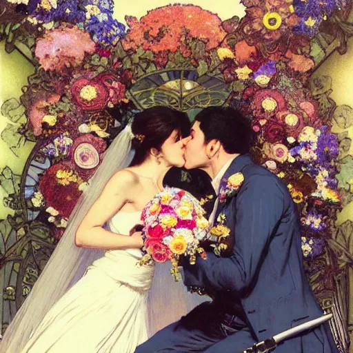 Image similar to the groom kisses the bride at a wedding full of flowers, bright and happy, dreamlike art, highly detail, 4 k realistic, wedding photoy krenz cushart. artem demura. alphonse mucha. yoji shinkawa artgerm. jon lothian. danilo torres. adi meyers. thomas reimann. gaston bussiere.