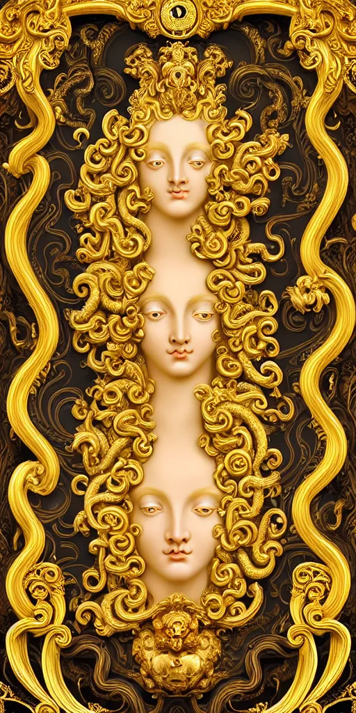 Prompt: the source of future growth dramatic, elaborate emotive Golden Baroque and Rococo styles to emphasise beauty as a transcendental, seamless pattern, symmetrical, large motifs, versace medusa logo, bvlgari jewelry, rainbow liquid splashing and flowing, Palace of Versailles, 8k image, supersharp, spirals and swirls in rococo style, medallions, iridescent black and rainbow colors with gold accents, perfect symmetry, High Definition, photorealistic, masterpiece, smooth gradients, high contrast, 3D, no blur, sharp focus, photorealistic, insanely detailed and intricate, cinematic lighting, Octane render, epic scene, 8K