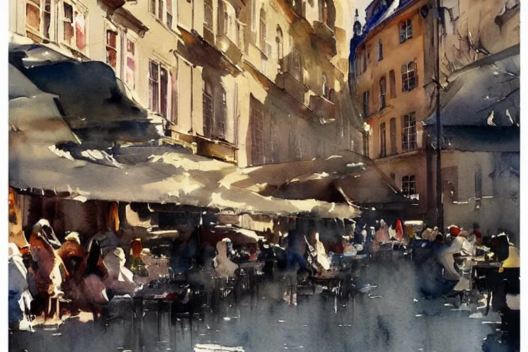 Image similar to abstract watercolor painting of stockholm street, summer, magical and traditional, cinematic light, cafe, sharp shadows, daylight, national romanticism by anders zorn, by greg rutkowski, by greg manchess