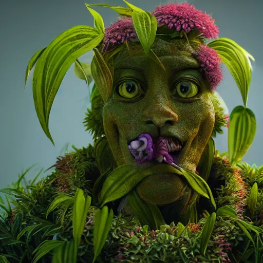 Image similar to a plant creature, foliage, plant filaments, flowers, humanoid shape, full body, photorealistic, 4 k, octane render, cinematic lighting, artistic photography, insanely detailed and intricate