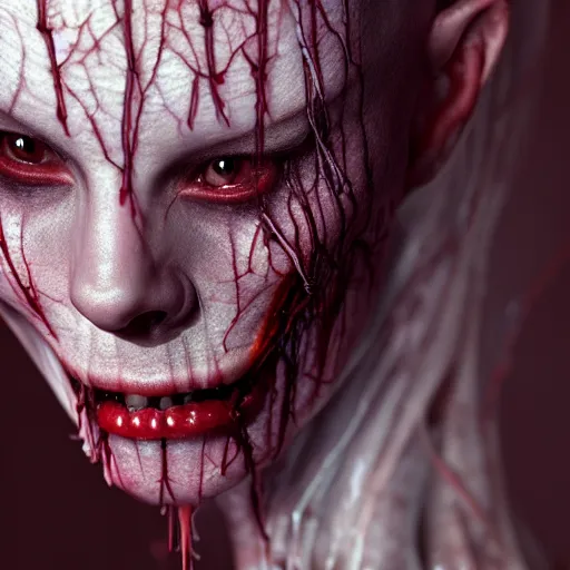 Image similar to female vampire with translucent skin, visible muscles and veins and arteries and bones and spine and nerves, beautiful detailed intricate insanely detailed octane render, 8K artistic photography, photorealistic, chiaroscuro, by David Cronenberg