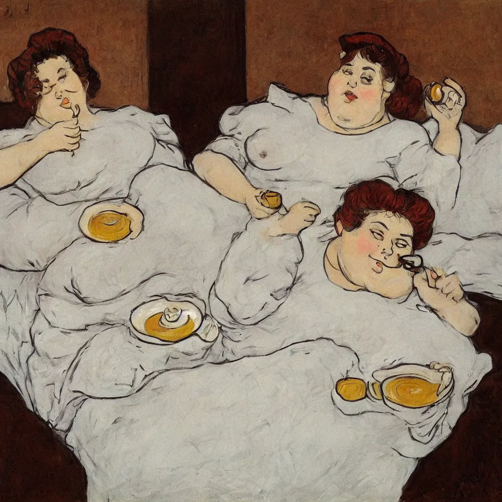 Image similar to a beautiful fat woman drinking coffee in a bed with white sheets drinking coffee in the style of telous lautrec