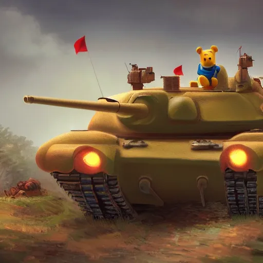 Prompt: winnie the pooh sitting down on road blocking chinese tanks, detailed defiant face, soldiers approaching, award winning photography, extremely detailed, artstation, 8 k, dramatic lighting, incredible art, wlop, artgerm