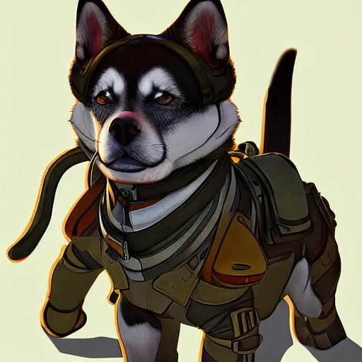 Prompt: shibu dog, apex legends artstyle, digital art, character design, masterpiece