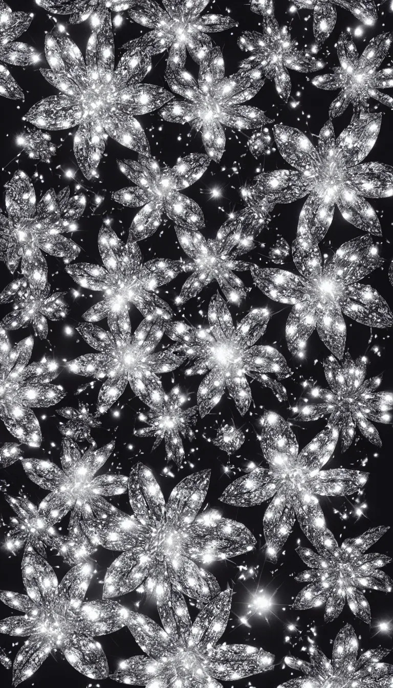 Prompt: beautiful glowing diamonds flowers, volumetric dramatic light, dark black background, sharp focus, highly realistic, octane render, art by greg rutsowski