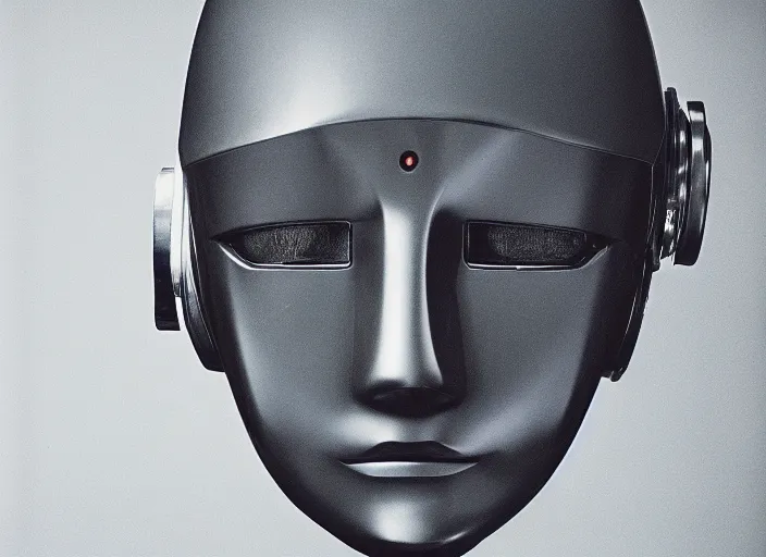 Image similar to a portrait photograph of a robot head designed by Balenciaga, 35mm, pentax, studio