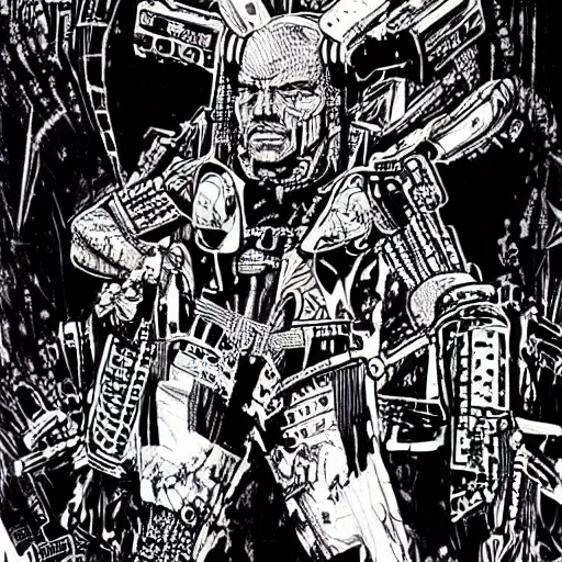 Image similar to danny trejo as a cyberpunk executioner, hyperdetailed, art by philippe druillet