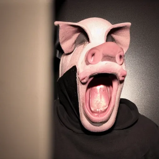 Image similar to creppy 2 0 0 3 photo of a pig masked man screaming in a dark room