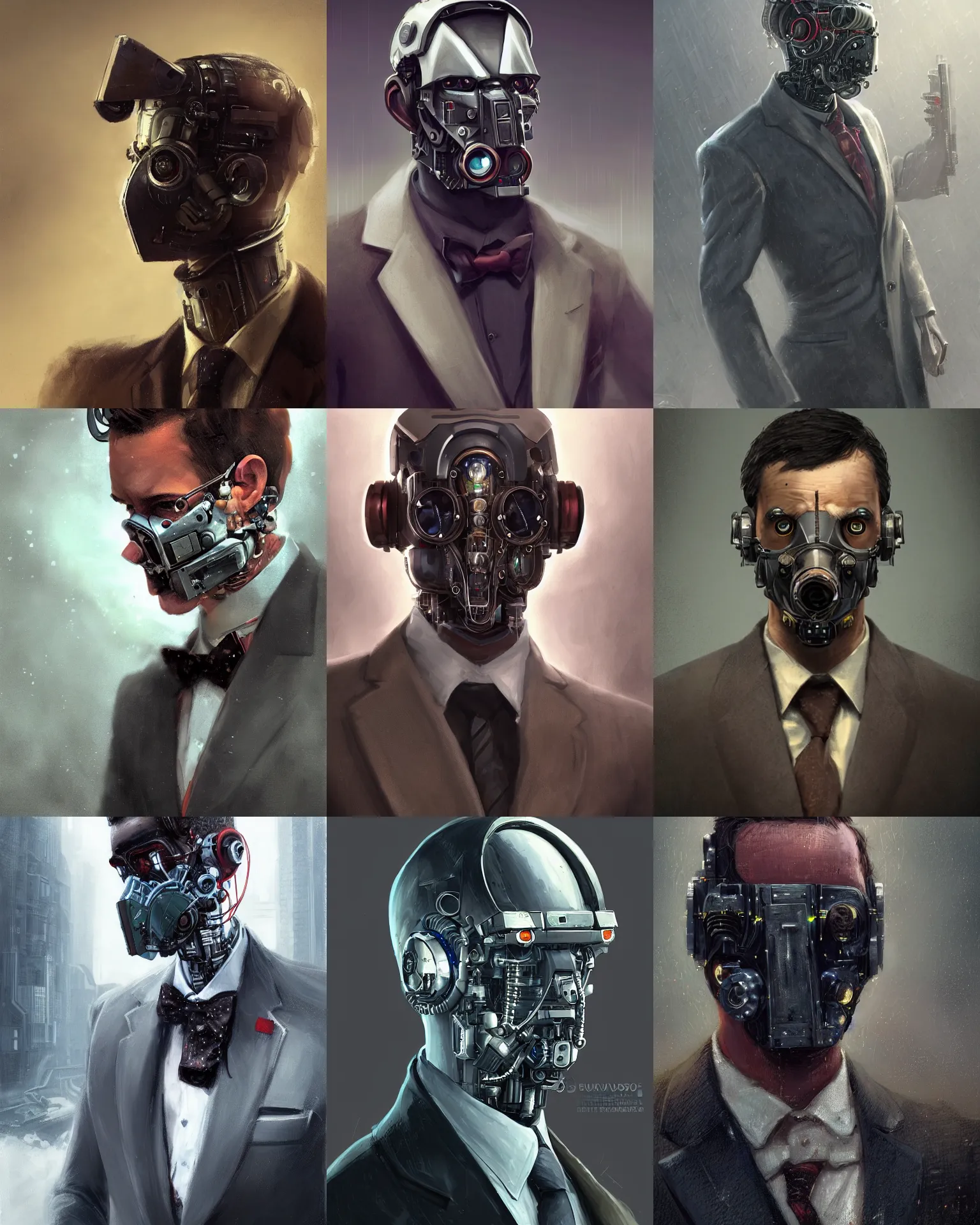 Image similar to a rugged young engineer man with cybernetic enhancements wearing a suit and bowtie, detailed face with mask, scifi character portrait by greg rutkowski, esuthio, craig mullins, 1 / 4 headshot, cinematic lighting, dystopian scifi gear, gloomy, profile picture, mechanical, half robot, implants, steampunk