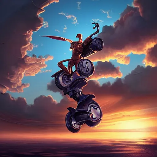 Image similar to an epic fantasy illustration of a flying robotic vespa scooter among the clouds by alejandro burdisio, industrial, hydraulics, prosthetics, 4K, golden hour hues