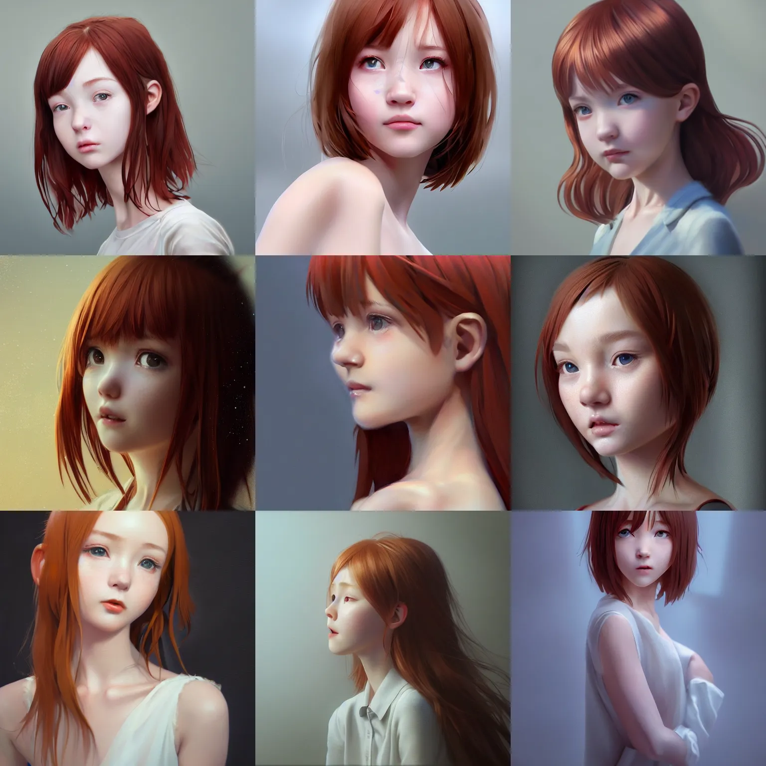 Prompt: realistic style at CGSociety by WLOP,ilya kuvshinov,krenz cushart,Greg Rutkowski,trending on artstation.Zbrush sculpt colored,Octane render in Maya,Houdini VFX.Realistic close-up face,cute young redhead girl,expressing joy,wearing dress,silky hair, deep eyes.Oil painting.Cinematic dramatic atmosphere,sharp focus,soft volumetric studio lighting.