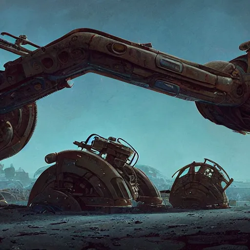 Prompt: rusty abandoned machines in an alien landscape, science fiction, trending on artstation, digital art, by Greg Rutkowski, Chris Foss, John Howe, unreal engine