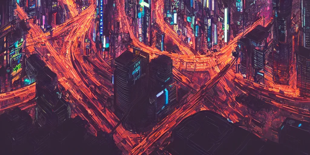 Prompt: A beautiful matte Masterpiece of futuristic Tokyo at night by Beeple and RHADS, Trending on Artstation , featured on behance, intricate, rectilinear, ultrawide angle.