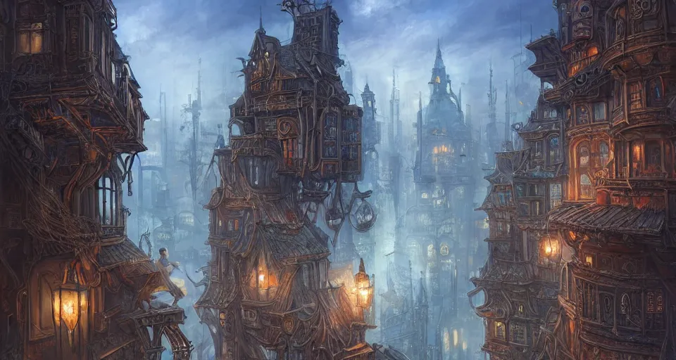 Image similar to landscape painting of fantasy metal steampunk city that has a light blue glow with walkways and lit windows and you can very clearly see a fine detailed hooded thieves in browns leathers climbing one of the tall buildings using a rope, fine details, magali villeneuve, artgerm, rutkowski