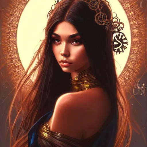 Image similar to madison beer as a fantasy magic woman portrait, sci - fi, amber eyes, face, long hair, fantasy, intricate, elegant, highly detailed, digital painting, artstation, concept art, smooth, sharp focus, illustration, art by artgerm and greg rutkowski and alphonse mucha