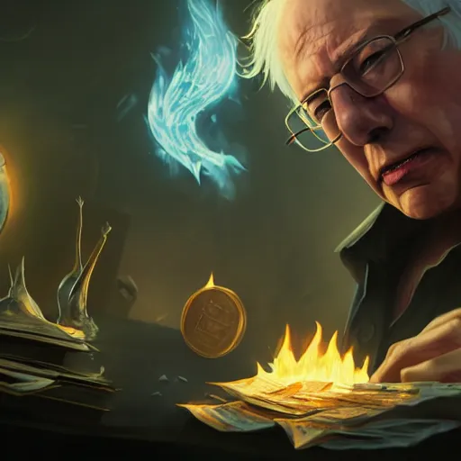 Image similar to portrait of bernie sanders burning money, league of legends amazing splashscreen artwork, splash art, natural light, elegant, photorealistic facial features, intricate, fantasy, detailed face, atmospheric lighting, anamorphic lens flare, cinematic lighting, league of legends splash art, hd wallpaper, ultra high details by greg rutkowski