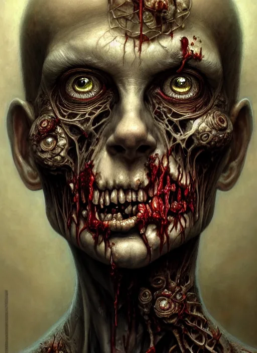 Image similar to portrait shot of a rotting zombie, intricate, elegant, highly detailed, centered, digital painting, artstation, concept art, smooth, sharp focus, illustration, artgerm, tomasz alen kopera, peter mohrbacher, donato giancola, joseph christian leyendecker, wlop, boris vallejo