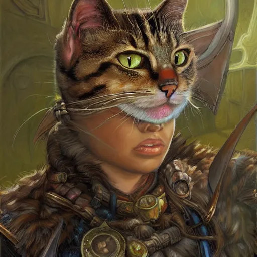 Prompt: Fanatsy D&D warrior with the head of a house cat, portrait art by Donato Giancola and James Gurney, digital art, trending on artstation