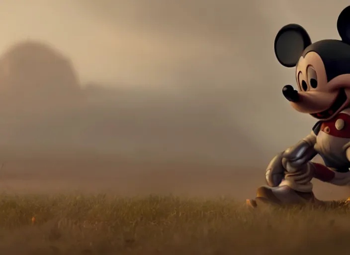 Prompt: close up cinematic artwork of mickey mouse staring down the enemy on the battlefield by Greg Rutkowski, 4k, masterpiece