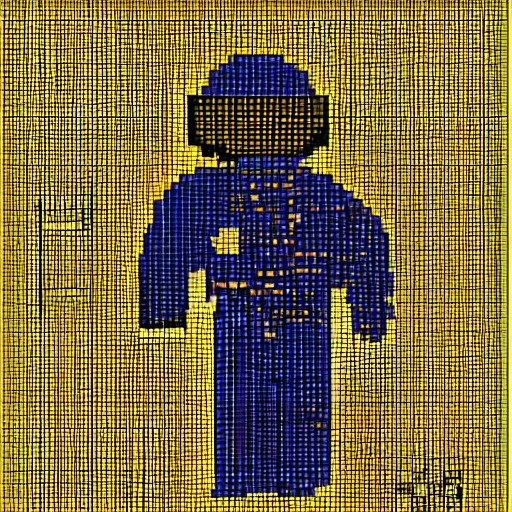 Prompt: a person in a gold and navy astronaut suit based upon medieval armor laser welding the stars into the sky, 8-bit pixel art