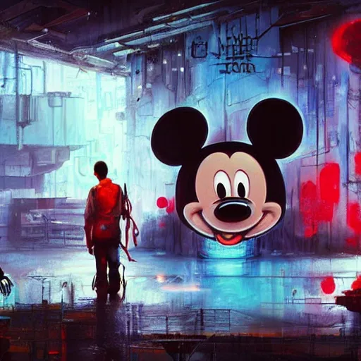 Image similar to a group of people around a giant giant mickey mouse wounded head with blood, netflix logo, cyberpunk art by david lachapelle, cgsociety, dystopian art by industrial light and magic, dark concept art, neons, interior