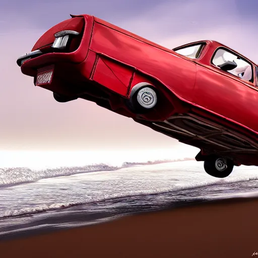 Prompt: red elephant car driving on the Pacific ocean, highly detailed, 8k, bordering on artstation,