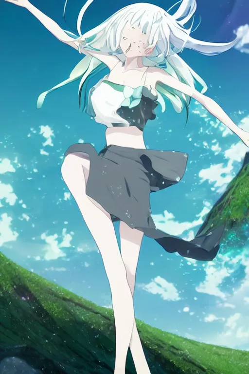 Prompt: 3D CG anime Land of the Lustrous Houseki no Kuni character Phosphophyllite person made of very shiny bluegreen gem rock with a very large bust size standing in a grassy field on a sunny day wearing a white business shirt with black tie and black shorts, huge mommy milkers, side profile, ocean shoreline can be seen on the horizon, beautiful composition, 3D render, 8k, key visual, god rays, aesthetic, made by Haruko Ichikawa, Makoto Shinkai, studio Ghibli