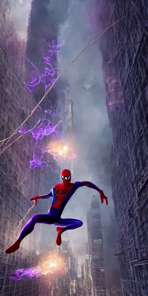 Image similar to Spider Man swinging from webs made of purple fire, dramatic lighting, cinematic, establishing shot, extremely high detail, photo realistic, cinematic lighting, post processed, concept art, artstation, matte painting, style by eddie mendoza, raphael lacoste, alex ross