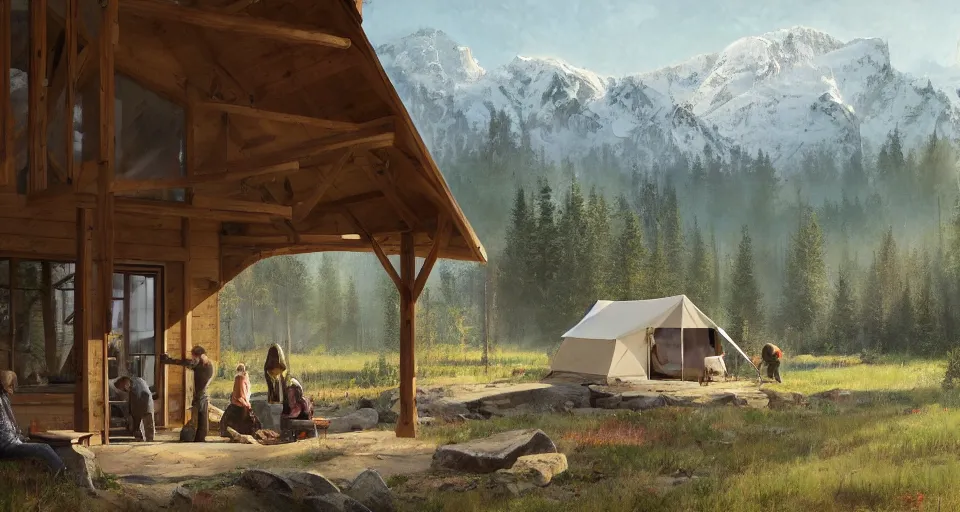 Image similar to cabela's beautiful comfortable modular insulated wall kit - house all weather family dwelling tent house, person in foreground, mountainous forested wilderness open fields, beautiful views, painterly concept art, joanna gaines, environmental concept art, farmhouse, magnolia, concept art illustration, by james gurney, by craig mullins, by greg rutkowski trending on artstation