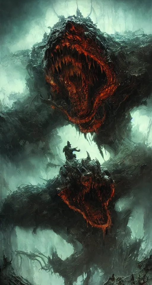 Prompt: an eldritch monster descends from the sky over a city of lost souls, intense fiery eyes, huge teeth, dramatic lighting, cinematic, ultra detail, masterpiece by craig mullins, ruan jia, beksinski, jakub rebelka, daytoner, artgerm