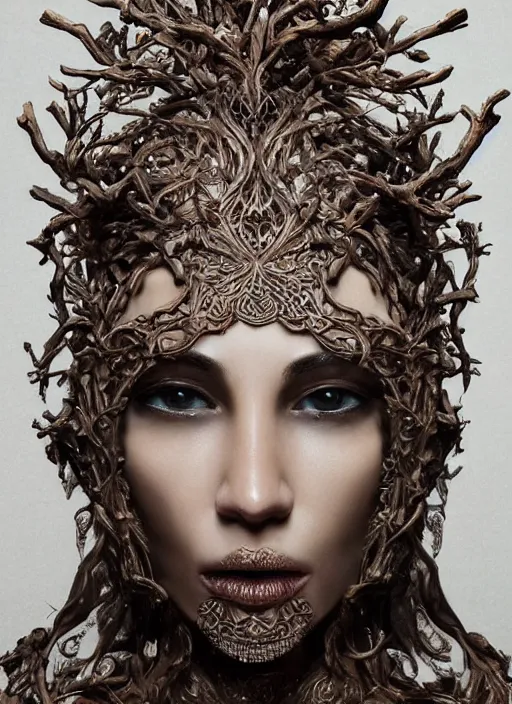 Image similar to sculpture made of wood, portrait, female, future, wood, tree, harper's bazaar, vogue, magazine, insanely detailed and intricate, concept art, close up, ornate, luxury, elite, elegant, trending on artstation, by ruan jia, by Kenneth Willardt, by ross tran, by WLOP, by Andrei Riabovitchev,