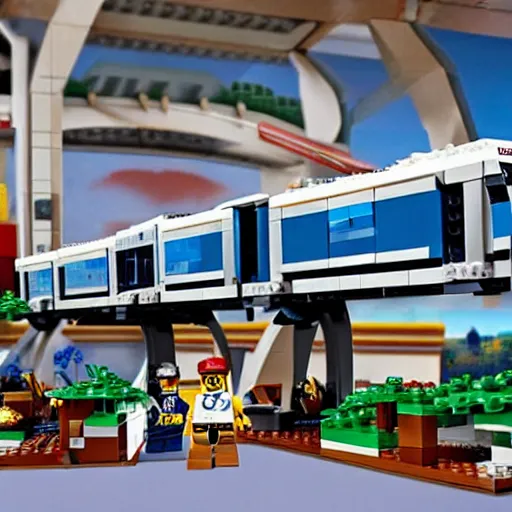 Prompt: Box art for a LEGO set of the Disneyland Monorail