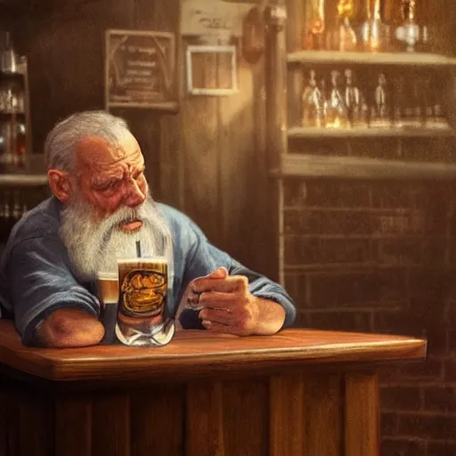 Image similar to old man sitting at bar, pub, smoky lighting, dim, barstool, person drinking, side sketch, artstation award, highly detailed, ultra - realistic, moody atmosphere, color palette