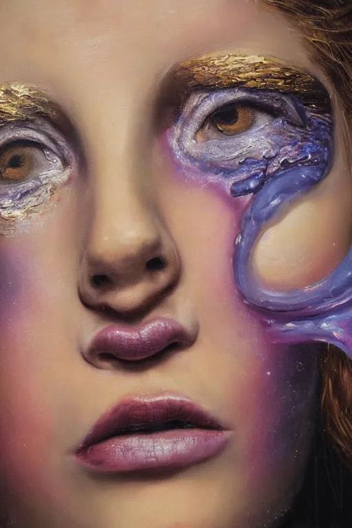 Image similar to hyperrealism oil painting, close - up portrait of face from a tangle of snakes fashion model, knight, street art gradient mixed with nebula sky, in style of baroque