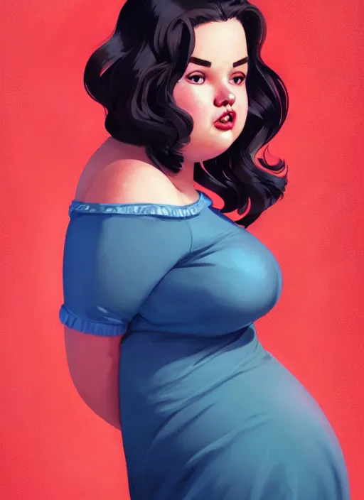 Image similar to full body portrait of teenage veronica lodge, obese, bangs, sultry, realistic, sultry smirk, wavy hair, red skirt, fat, belly, intricate, elegant, glowing lights, highly detailed, digital painting, artstation, concept art, smooth, sharp focus, illustration, art by wlop, mars ravelo and greg rutkowski