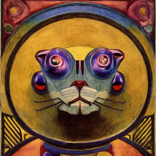 Prompt: painting of a bejeweled robot cat head, by annie swynnerton and diego rivera and nicholas roerich and jean delville, symbolist, dramatic lighting, god rays, elaborate geometric ornament, art brut, rich colors, smooth, sharp focus, extremely detailed, adolf wolfli and ( donato giancola )