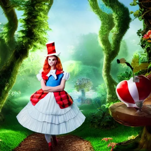 Image similar to photo of Alice in Wonderland encounter a 3d render emote in the forest