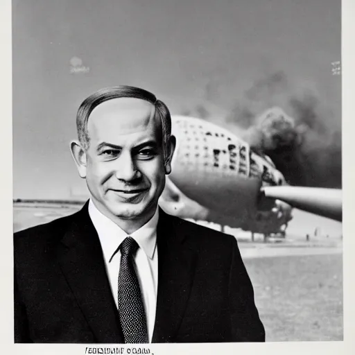 Image similar to portrait of Benjamin Netanyahu grinning and crossing arms, Hindenburg disaster in background, colored, rich vivid colors, official media, HQ