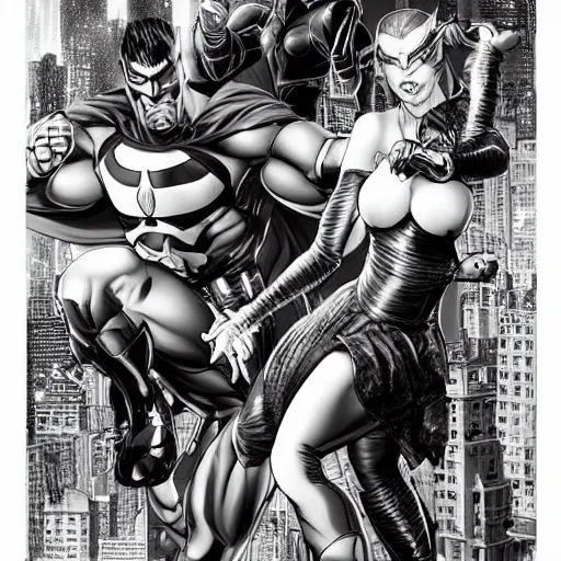 Image similar to heroes battling villains by frank Miller, artgerm, black and white, highly detailed, cityscape