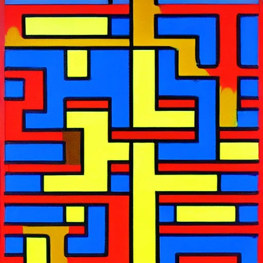 Prompt: pac - man - maze!!!!!!! painting by mondrian