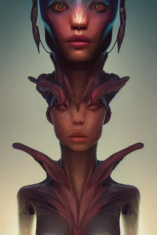 Prompt: portrait of an alien, by artgerm, tooth wu, dan mumford, beeple, wlop, rossdraws, james jean, marc simonetti, artstation giuseppe dangelico pino and michael garmash and rob rey and greg manchess and huang guangjian and makoto shinkai