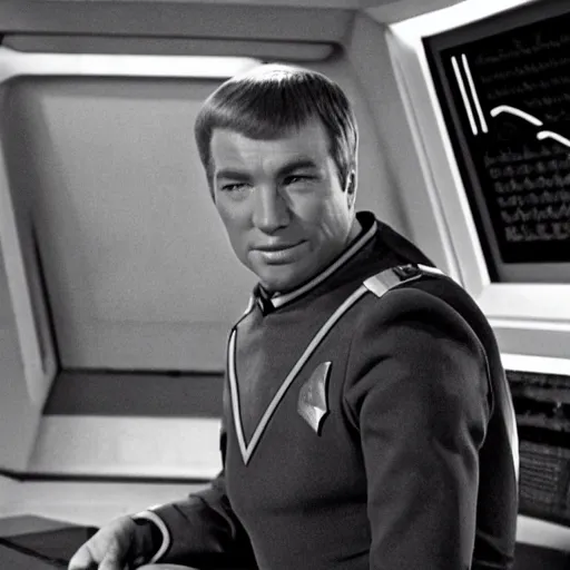Image similar to captain kirk sitting in the captains chair on the bridge of the starship enterprise