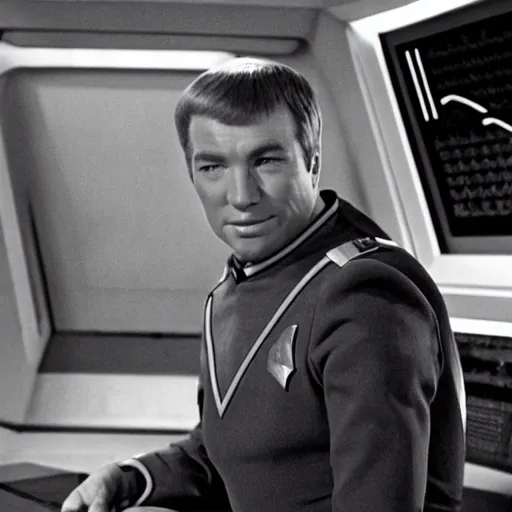 captain kirk sitting in the captains chair on the | Stable Diffusion