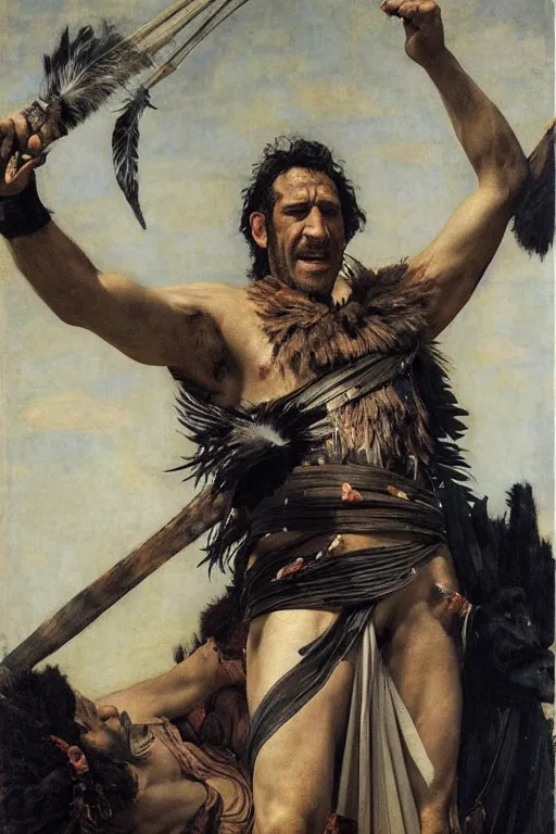 Image similar to clive owen as a barbarian king of feathers, god of the wild, silk dress by edgar maxence and caravaggio and michael whelan and delacroix