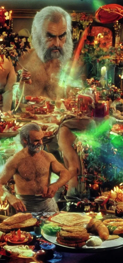 Prompt: a 3 5 mm color closeup macro hi def picture of sean connery as zardoz accessing third eye second level during his 9 6 6 th birthday party along with female friends. everything is of the second level including plates of green bread and hams on the isle of kun lao. volumetric lighting with picoso hotdogs. atmospheric. national geographic.