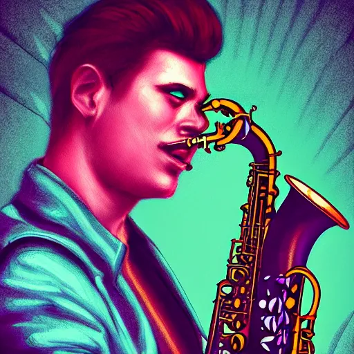 Image similar to saxophone, epic retrowave art, hyperrealistic, trending on art station